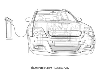 Electric Vehicle Charging Station Sketch. Vector rendering of 3d. Wire-frame style. The layers of visible and invisible lines are separated