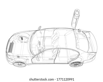 Electric Vehicle Charging Station Sketch. Vector rendering of 3d. Wire-frame style. The layers of visible and invisible lines are separated
