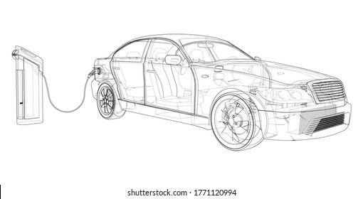 Electric Vehicle Charging Station Sketch. Vector rendering of 3d. Wire-frame style. The layers of visible and invisible lines are separated