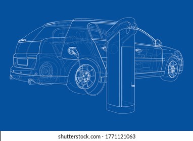 Electric Vehicle Charging Station Sketch. Vector rendering of 3d. Wire-frame style. The layers of visible and invisible lines are separated