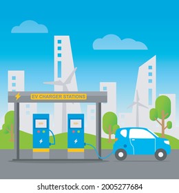 ilustración vectorial de la estación de carga del vehículo eléctrico (EV). Esta ilustración es adecuada para publicaciones sobre vehículos eléctricos, estaciones de carga rápida y energía renovable. 