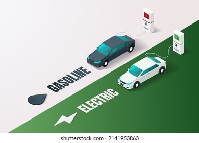 Electric vehicle charging station vs gasoline car service station. isometric vector illustration.