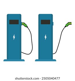 Electric vehicle charging stations. Two blue stations with green chargers. Simple flat vector style.