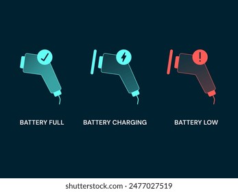 Electric vehicle Charging Status interface with Plug Connector symbol Battery Fully, Battery Charging, Battery Low vector design concept.  Electric car charging for EV station, EV business, ui, web.