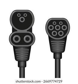 Carga de vehículos eléctricos Tipo 2 y EV DC cargador de carga rápida conectores y cables modelo realista de Vector 3D aislado en blanco, tipos de enchufe modernos para el transporte sostenible de la fuente de alimentación EV.