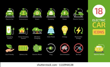Electric vehicle color icon set with charger station, battery power, solar panel, motor and plug on a black background. Electricity car and scooter colorful pictogram collection.