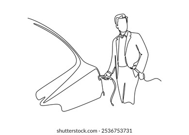 Electric vehicle concept. Single line draw design vector graphic illustration.