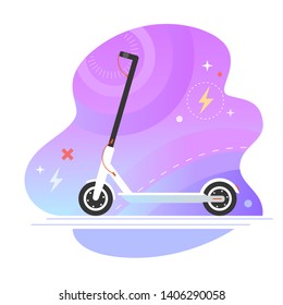 Electric vehicle concept. Vector illustration of white and black electric scooter in trendy flat style. Isolated on purple background.