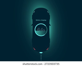 Interfaz de interfaz de usuario de tablero de instrumentos de vehículo eléctrico con efecto de luz de borde de silueta de vista superior de automóvil que muestra el concepto de diseño de Vector de carga de batería. EV diseño de carga para el coche del EV, estación del EV, UI, energía limpia.