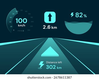 Electric Vehicle Dashboard User Interface with speedometer, battery percentage panel and navigation system automobile futuristic technology vector design concept. EV car ui design for  ev industry.