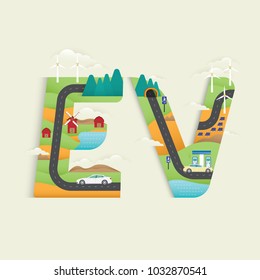 electric vehicle with e v text station, wind turbine, solar cell