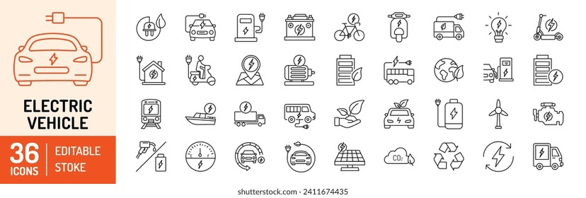 Electric vehicle editable stroke outline Icons set. Electric car, battery, e-car, ecology, charging station, electric scooter, ev charging, hybrid and power. Vector illustration