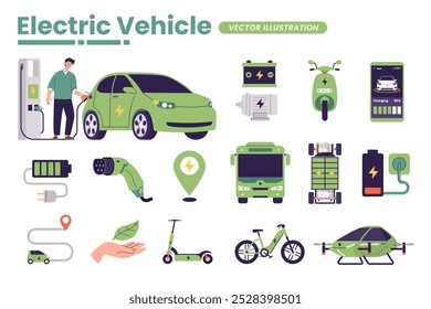 Conjunto de ilustração vetorial de elementos de veículo elétrico