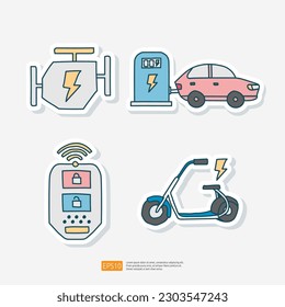 Motor De Vehículo Eléctrico, Estación De Carga De Coche Eléctrico, Juego De Icono De Pegatinas De Carro De Motocicleta. Ilustración de vectores de transporte ecológico