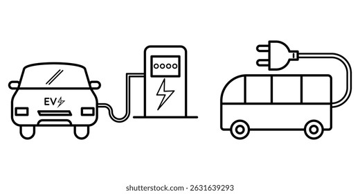 Elektrofahrzeug EV-Bus Ladestation Symbol Vektorgrafik für Öko-Transport Mobilität Kabel Energie Stecker Energie Infrastruktur Konzept.