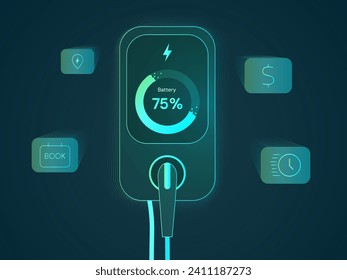 Cargador eléctrico del vehículo EV con los datos del icono EV Cargador de información para la tecnología digital del automóvil eléctrico holograma virtual concepto de diseño vectorial. Resumen del contorno verde neón del cargador de caja de cambios EV.