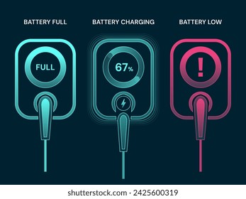 Electric vehicle EV charger wallbox dashboard status interface Battery Charging, Battery Fully, Battery Low vector design concept. Electric car charging battery with EV charger Station or wallbox.