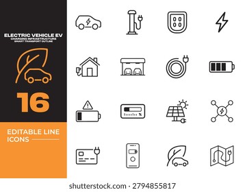 Electric vehicle EV charging infrastructure icon set representing smart transport green energy mobility and sustainable automotive technology systems.