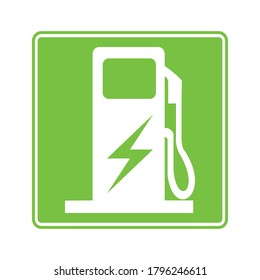 Electric vehicle EV charging station road sign. Vector illustration of informative traffic signs isolated on white background. Green energy symbol.