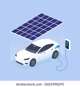 Electric vehicle (EV) charging under a solar panel canopy. The EV is connected to a charging station, symbolizing clean energy and sustainable transportation.