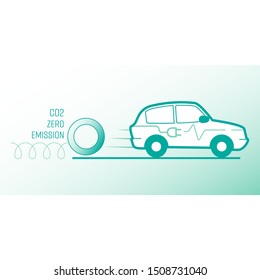 Electric vehicle (EV) has CO2 zero emissions. Driving an EV helping to reduce air pollution. Vector illustration outline flat design style.