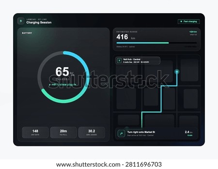 Electric vehicle EV smart charging station dashboard UI vector template. Сar screen interface featuring battery status analytics, driving range, GPS. Vehicle application interface. Automotive UI, UX