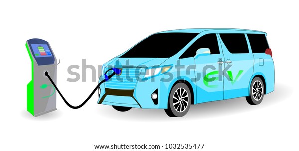 electric vehicle\
(EV) VAN charging station, electric recharging point, future\
automobile, vector\
illustration