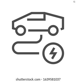 Electric vehicle (EV) vector icon. Consist of car, cable or wire and electrical sign. That for charge, recharge and supply green power energy to rechargeable battery for transportation. 48x48 pixel.
