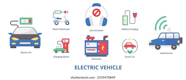 Electric Vehicle Flat Banner Web Icon Set Vector Illustration
