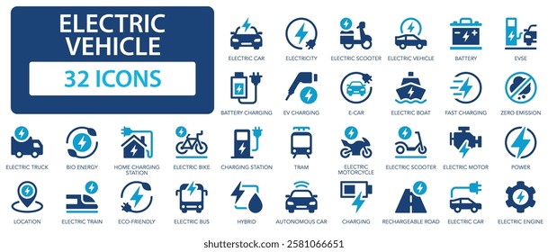 Electric vehicle flat icons collection. Electricity, electric car, hybrid, battery, power, EVSE, electric engine, e-car, electric scooter, e-bike, EV charging sign set.