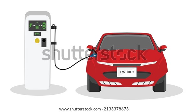 Electric Vehicle front of sport car charging\
parking at the charger station with a plug in cable.  Charging in\
the beside of car to battery. Isolated flat vector illustration on\
white background.