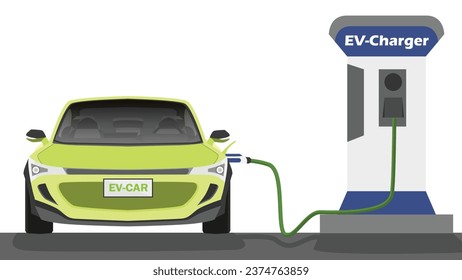 Vehículo eléctrico frente al estacionamiento de carga del coche amarillo en la estación del cargador con un cable enchufe.  Cargando al lado del auto a la batería. Ilustración vectorial plana aislada sobre fondo blanco.