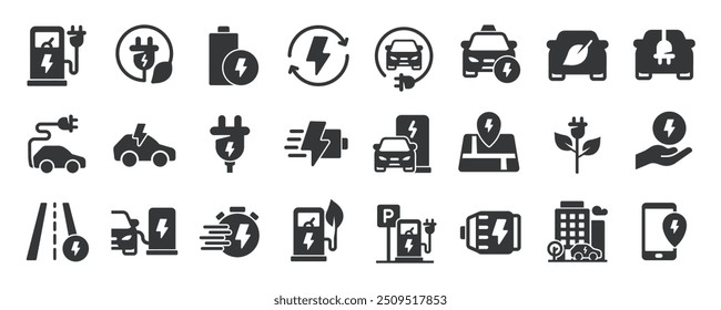 Elektrische Fahrzeug Glyphe Solid Icons Sammlung. Enthält Hybrid, Batterie, Ökologie, Fahrzeug. Minimale Symbol- und Symbolreihen, Vektorgrafik