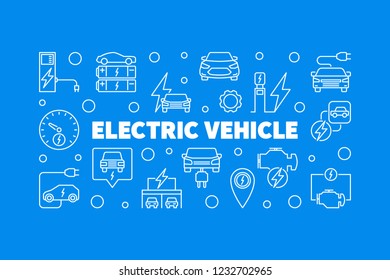Electric vehicle horizontal outline banner. EV vector concept illustration on blue background