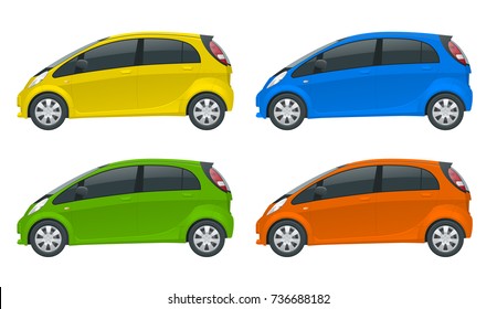 Electric vehicle or hybrid car. Electromobility e-motion. Eco-friendly hi-tech auto. Easy color change. Template vector isolated on white View side