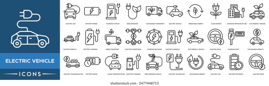 Electric Vehicle icon. Electric Car, Battery Power, Charging Station, Zero Emissions, Sustainable Transport, Electric Vehicle, Renewable Energy and Clean Energy