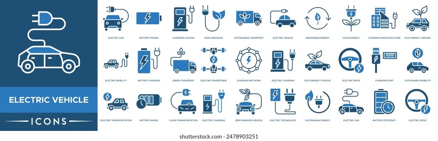 Icono de vehículo eléctrico. Coche Eléctrico, Batería, Estación de Carga, Cero Emisiones, Transporte Sostenible, Vehículo Eléctrico, Energía Renovable y Energía Limpia