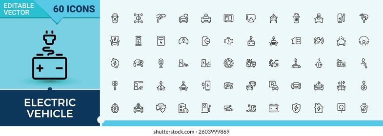 Electric Vehicle icon collection. Includes thin line symbols transport, hybrid, auto, renewable, transportation, automobile and more. Electric Car icon set. Editable stroke. Vector collection.