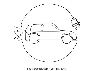 Electric vehicle icon in continuous one line drawing. Go green energy concept promoting eco-friendly technology.