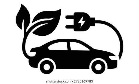 Electric vehicle icon representing clean transportation, electric mobility, and sustainable vehicle charging systems, isolated on white background.