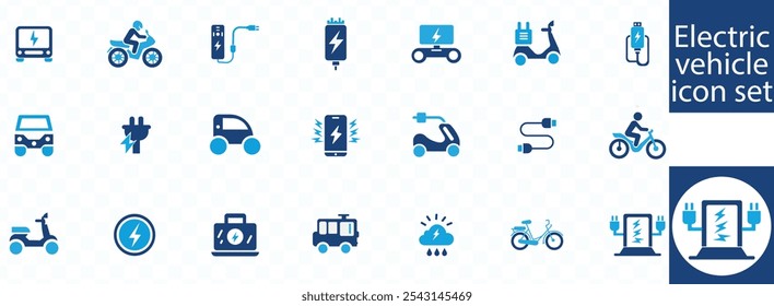 Symbolsatz für Elektrofahrzeuge. Enthaltend Elektroauto, Ladestation, Batterie, E-V-Aufladung, E-Bike, Hybrid, E-Auto, Elektroroller und Strom.