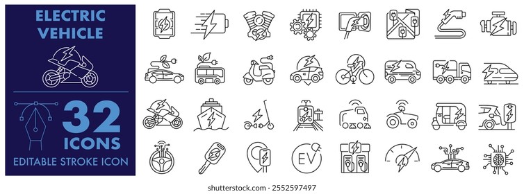 Electric vehicle icon set. Containing, Eco Friendly Vehicle, Automotive, electric car, charging station,EV charging, e-bike, e-car, electric scooter, EV power Station, Editable stroke Icon Set.