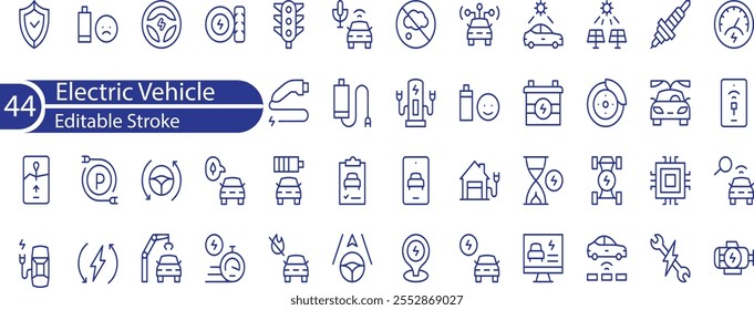 Electric vehicle icon set. Containing electric car, charging station, battery, EV charging, e-bike, hybrid, e-car, electric scooter and power