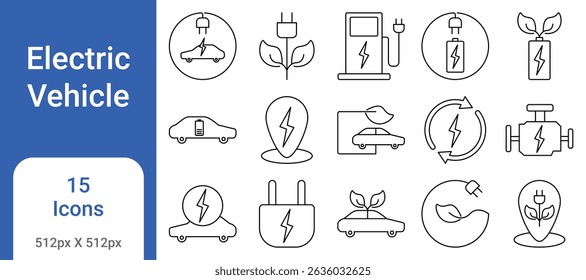 Conjunto de ícones de veículos elétricos com VEs, estações de carregamento, baterias, transporte ecologicamente correto e energia verde. Perfeito para aplicativos, sites, infográficos e projetos automotivos.