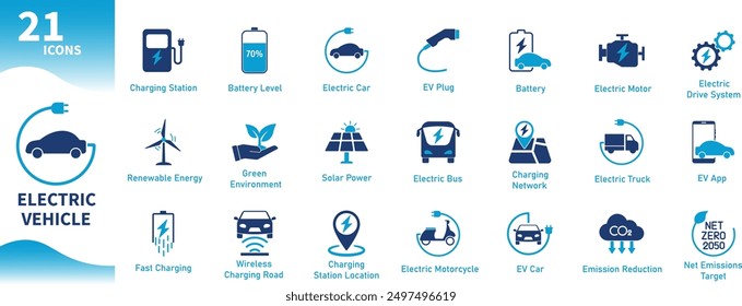 Electric Vehicle Icon. Set of flat icons for electric cars, green energy, charging stations, renewable energy, electric buses, emission reduction, net zero. Solid vector icons