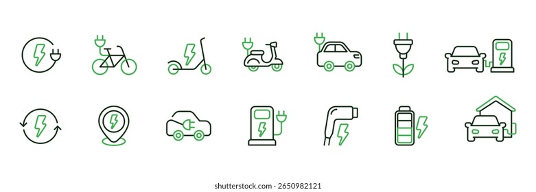 Electric vehicle icon set with outline style. ev icons set. includes electric car, EV charging, battery, scooter, bike, mototrbike. Suitable for sustainable transport UI UX design. Two color.
