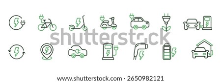 Electric vehicle icon set with outline style. ev icons set. includes electric car, EV charging, battery, scooter, bike, mototrbike. Suitable for sustainable transport UI UX design. Two color.