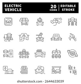 Electric vehicle icon set. Thin line icons set related to electric vehicle and transportation. Electric vehicle icons collection in line style.