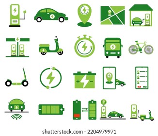 Conjunto de iconos del vehículo eléctrico. Vector de la Ilustración EV, como coche eléctrico, autobús, motocicleta y otros