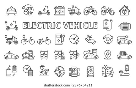 Symbole für Elektrofahrzeuge, die in der Linienauslegung eingestellt sind. Business, Roller, Elektroauto, Batterie, Elektromotor, Ladung, Ladestation Vektorgrafiken. Symbole für Elektrofahrzeuge